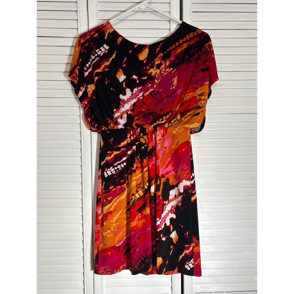 Sweet Storm Abstract Print Mini Dress Red Orange Black Elastic Waist Small